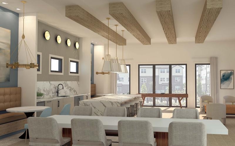 clubroom kitchen with a table and chairs